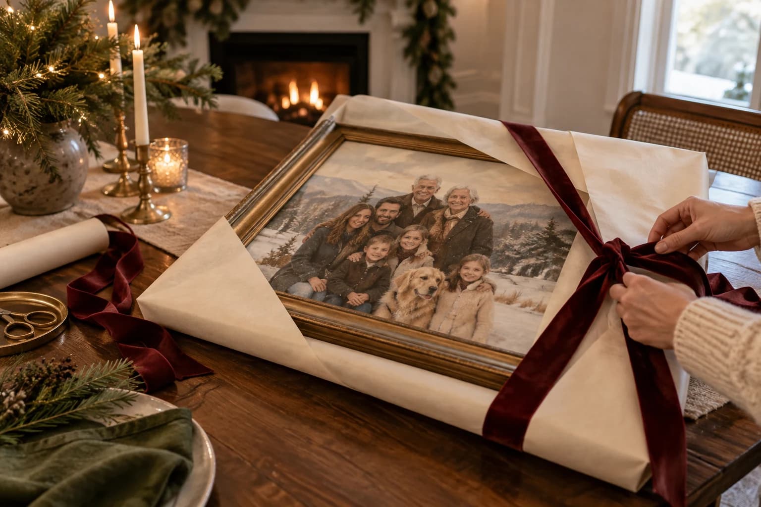 A framed family portrait being wrapped as a Christmas gift