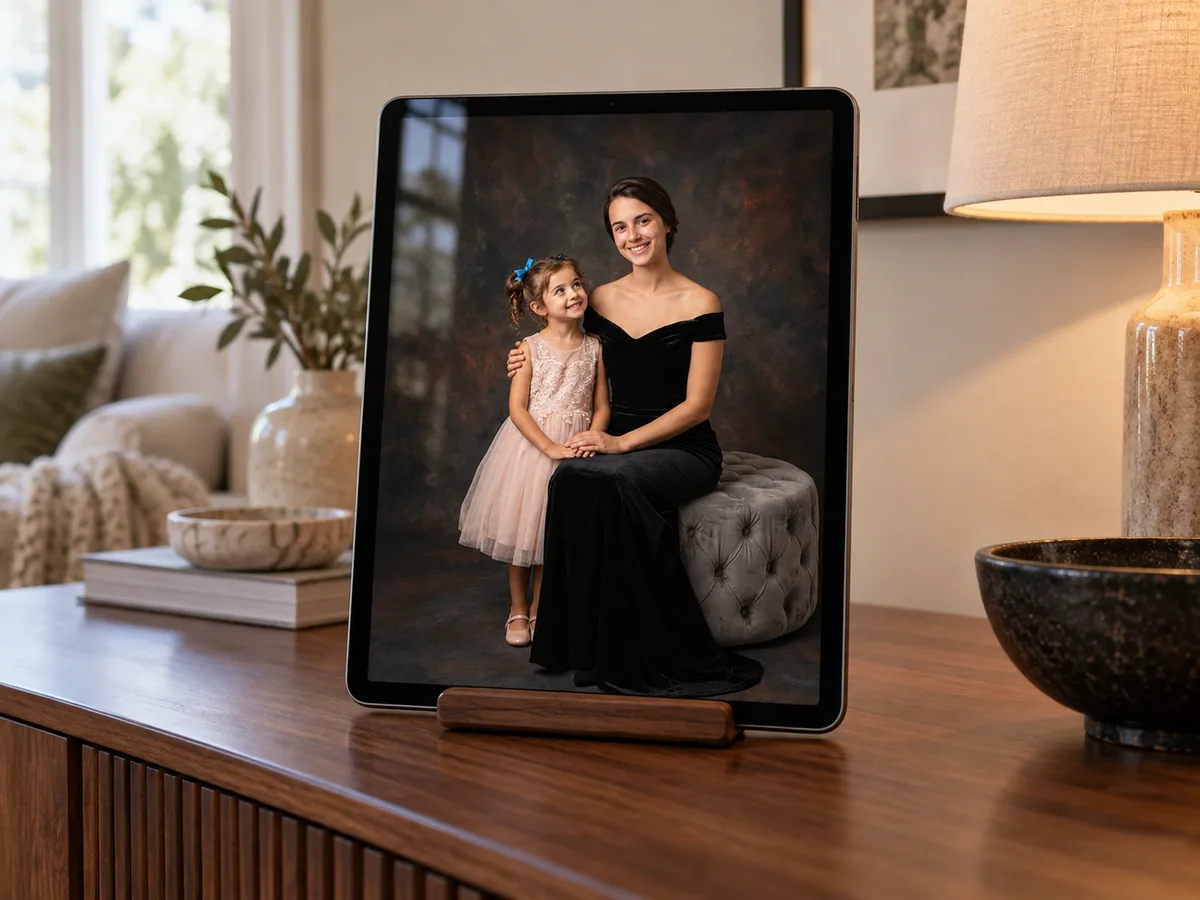 Digital portrait of a woman and girl displayed on a tablet in a modern living room