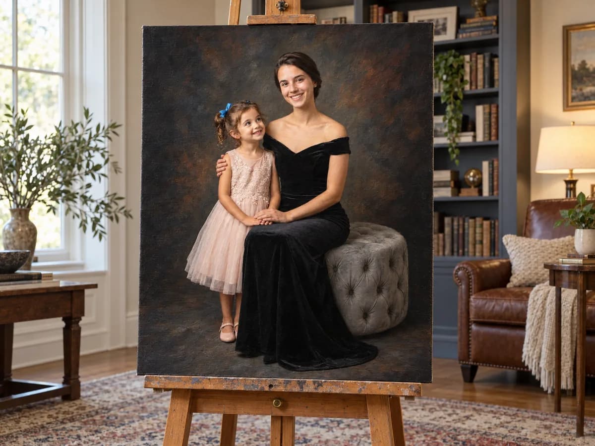 Hand-painted oil portrait of a woman and girl displayed on a wooden easel