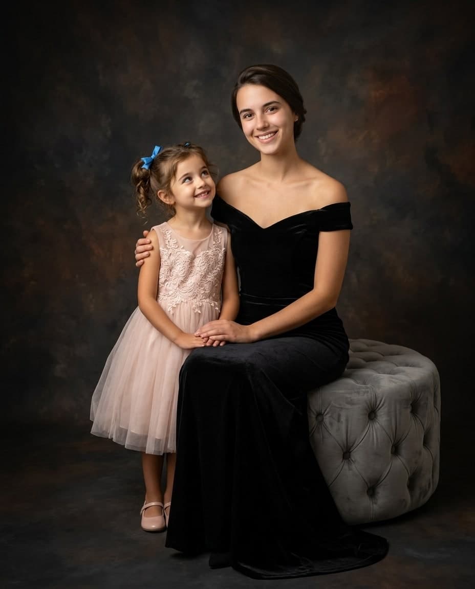A seated mother with her daughter standing beside her in a formal portrait