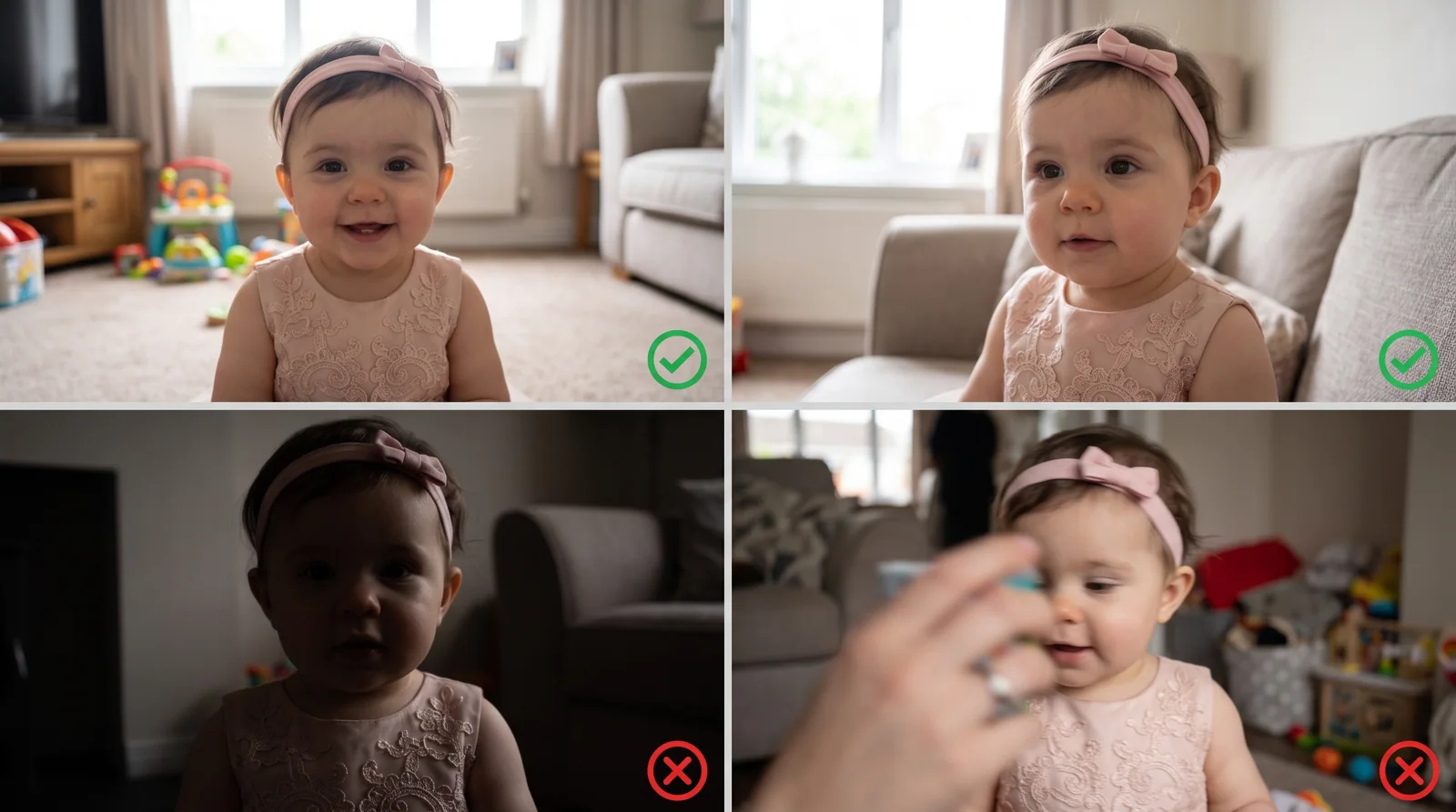 Examples comparing clear, evenly lit portrait photos with photos that are too dark, blurred or obstructed