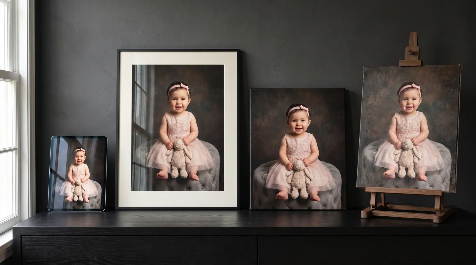 The same child portrait shown as a digital file, framed fine-art print, gallery-wrapped canvas and hand-painted oil on canvas