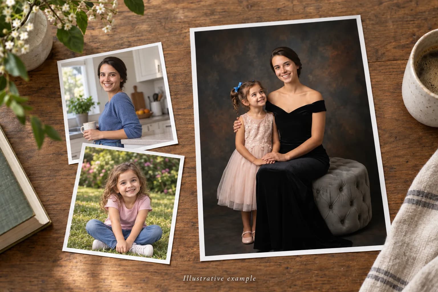 Separate casual mother and daughter photos beside their composed family portrait
