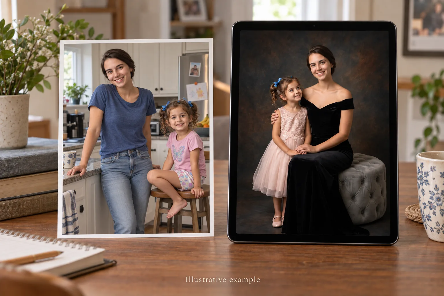 Casual standing family photo beside a formal seated portrait preview