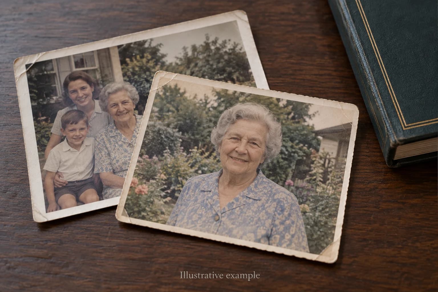Two gently worn family photographs showing an older woman