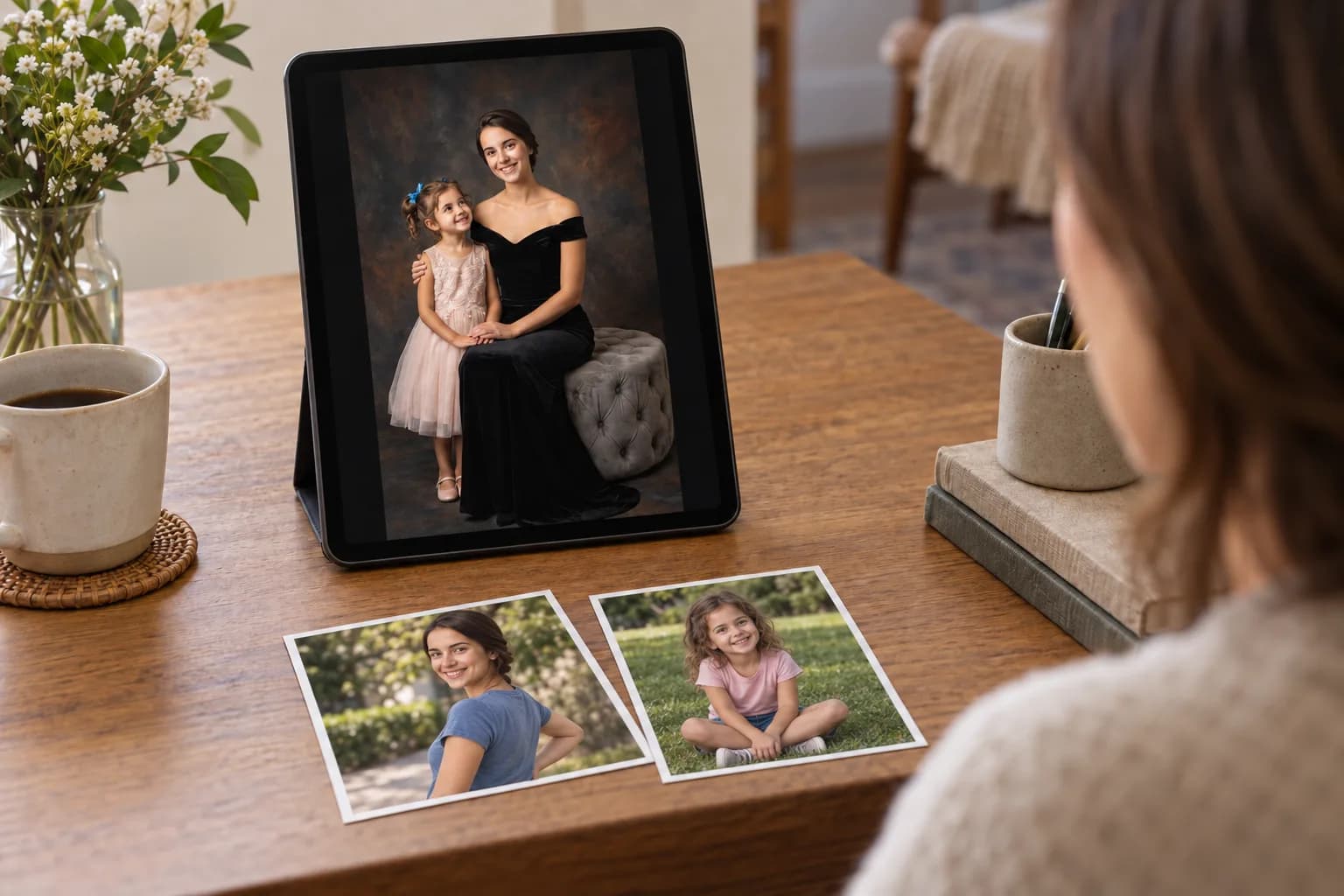 A family portrait preview compared with casual source photos in different poses