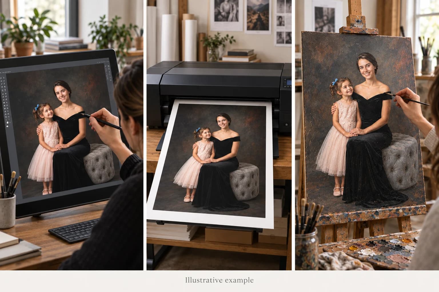 Artist retouching, giclée printing, and hand-painted oil portrait production