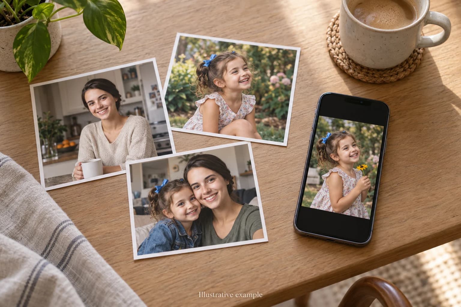 Casual mother and daughter snapshots from different days beside a phone