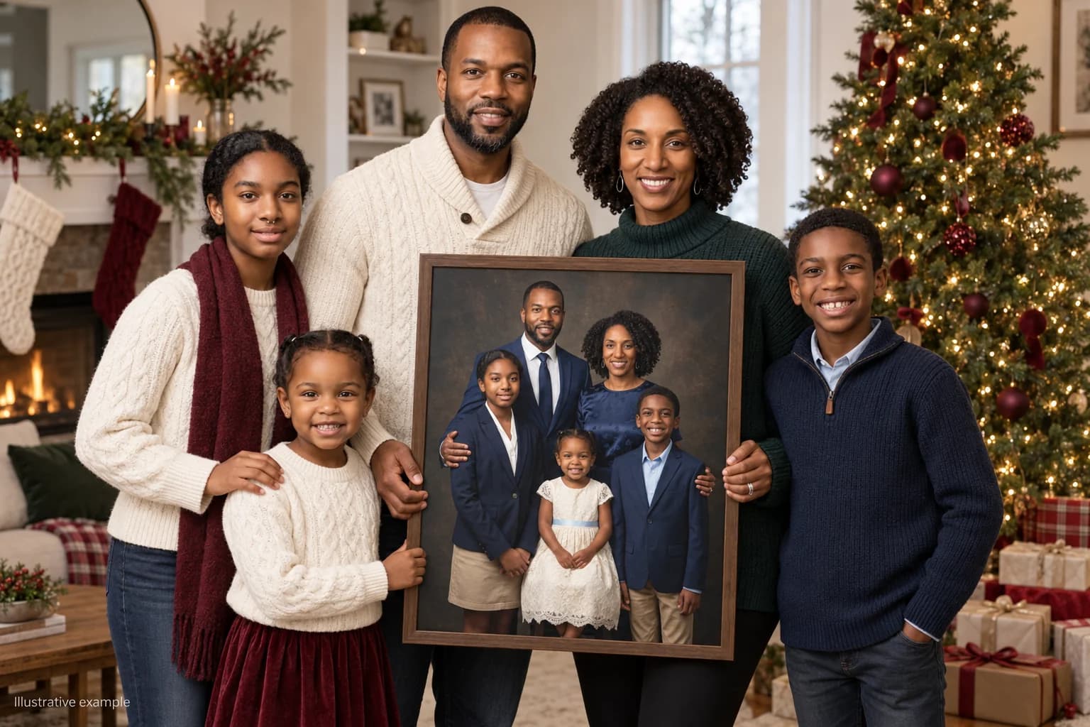 Black family of five holding their navy-and-cream family portrait beside a decorated Christmas tree