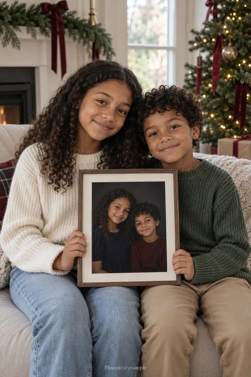 Two siblings holding their framed portrait in front of Christmas greenery