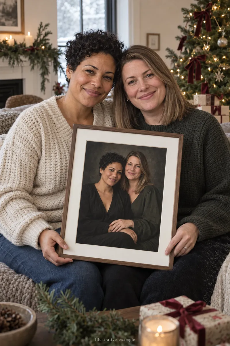 Two women holding their couple portrait beside a decorated Christmas tree