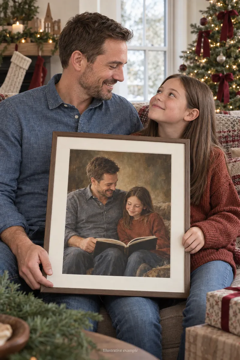 Father and daughter holding a portrait of themselves reading together