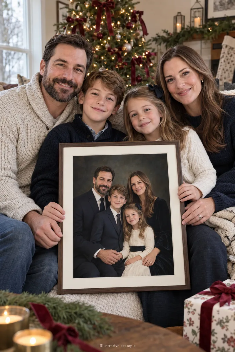 Family of four holding their framed portrait beside a Christmas tree