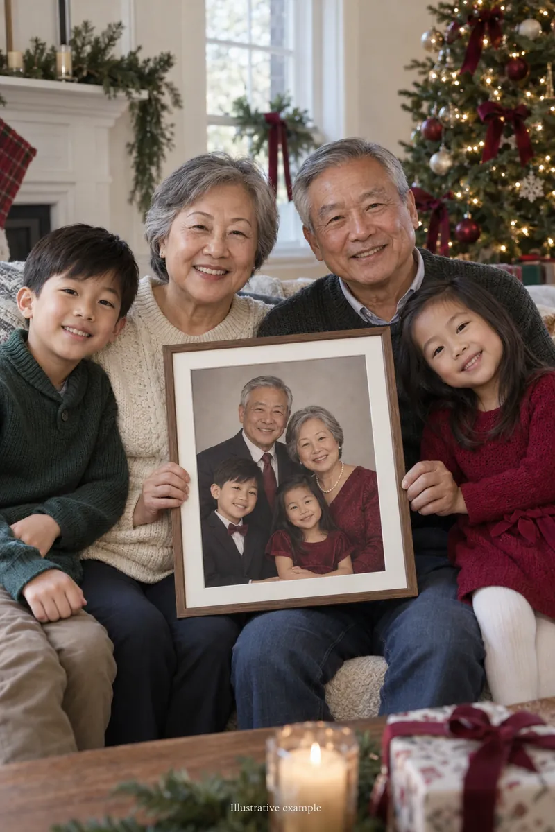Grandparents and two grandchildren holding a portrait of themselves at Christmas
