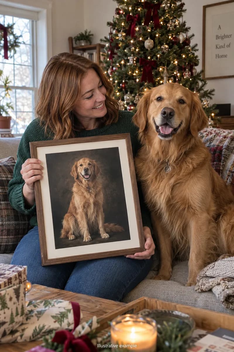 Woman beside her golden retriever holding the dog's portrait at Christmas