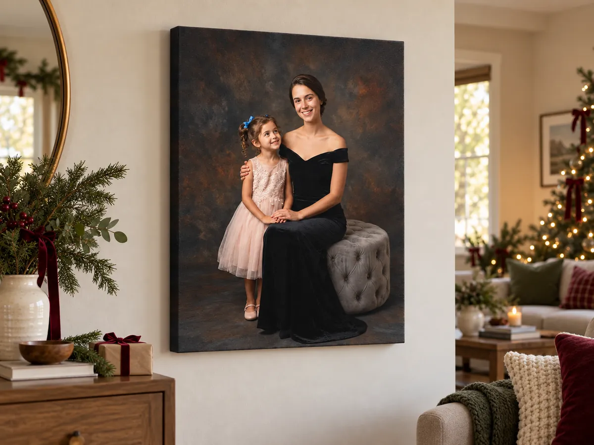 Unframed mother and daughter canvas portrait with Christmas decorations nearby
