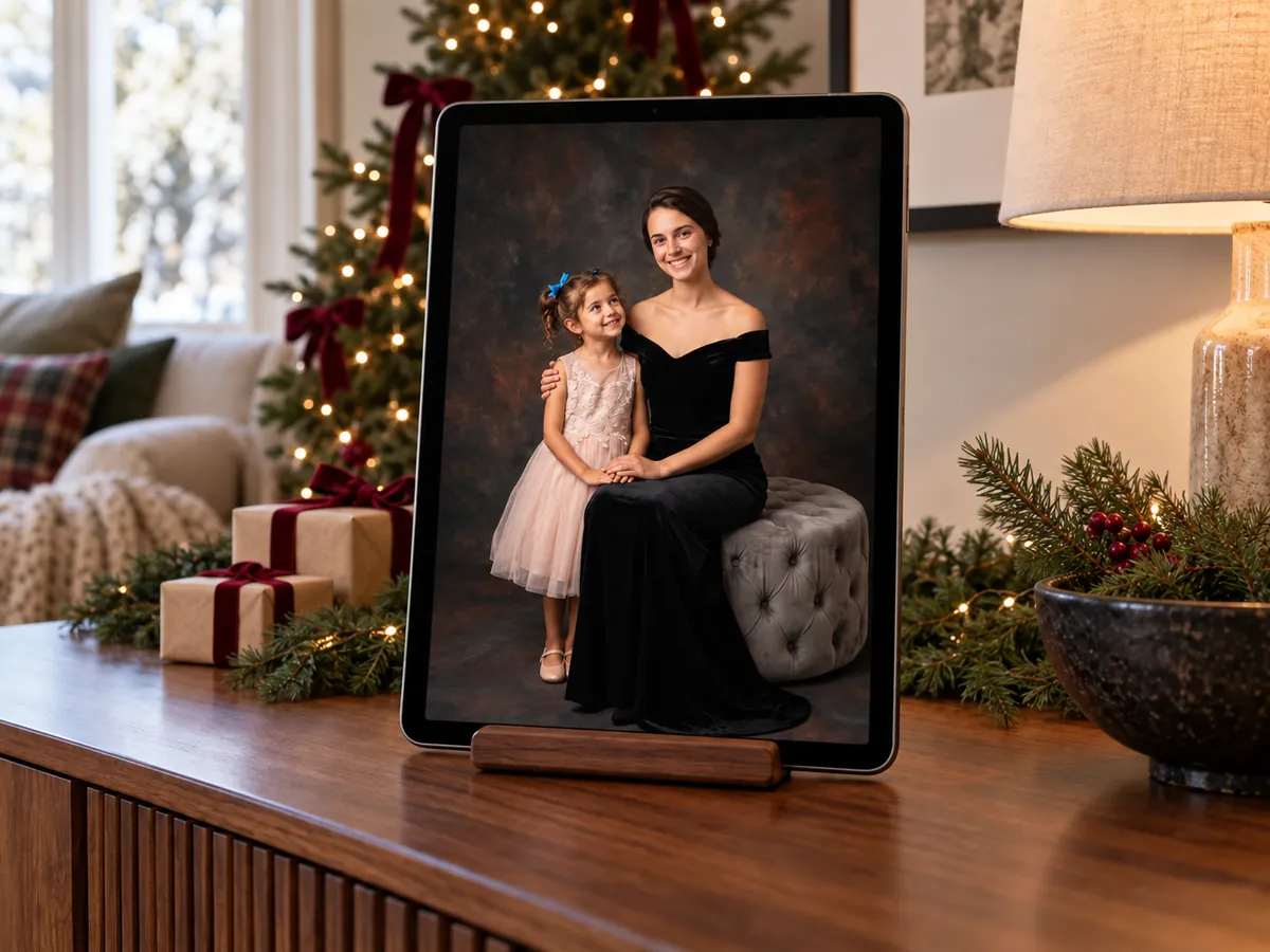 Mother and daughter portrait on a tablet beside Christmas greenery and ribbon