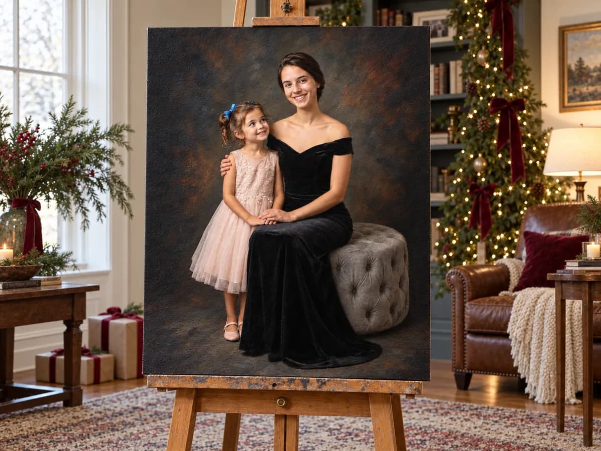 Mother and daughter oil portrait on an easel in a home decorated for Christmas