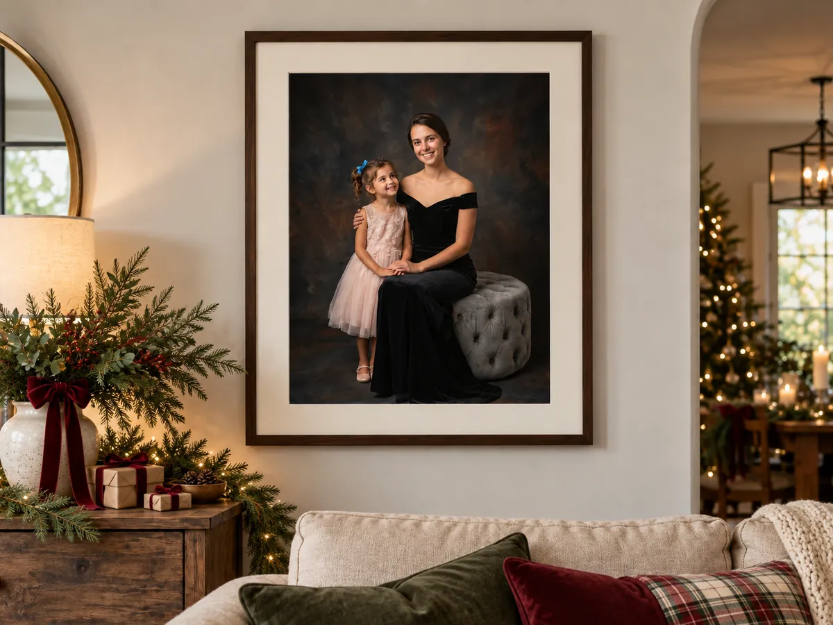 Framed mother and daughter portrait in a living room decorated for Christmas