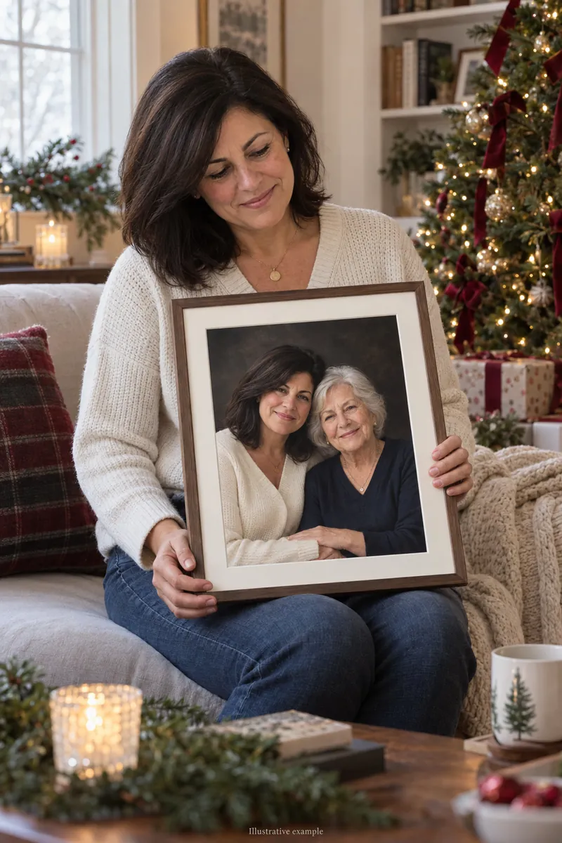 Woman holding a portrait of herself and her elderly mother at Christmas