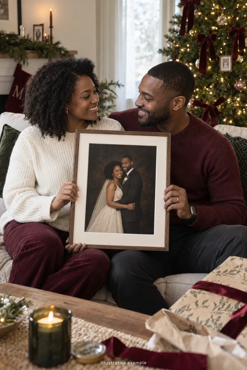 Couple holding their wedding portrait in a Christmas living room
