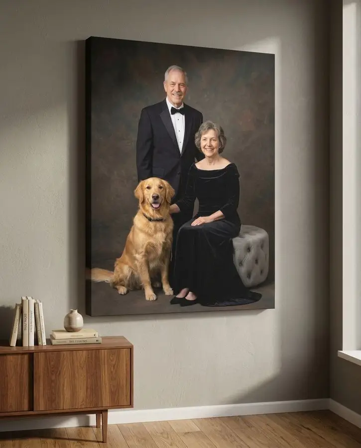 A smiling senior couple in formal black attire poses with their golden retriever in front of a mottled brown background.