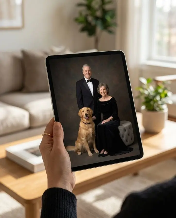 An older couple dressed in formal black attire poses with their golden retriever against a dark studio backdrop.