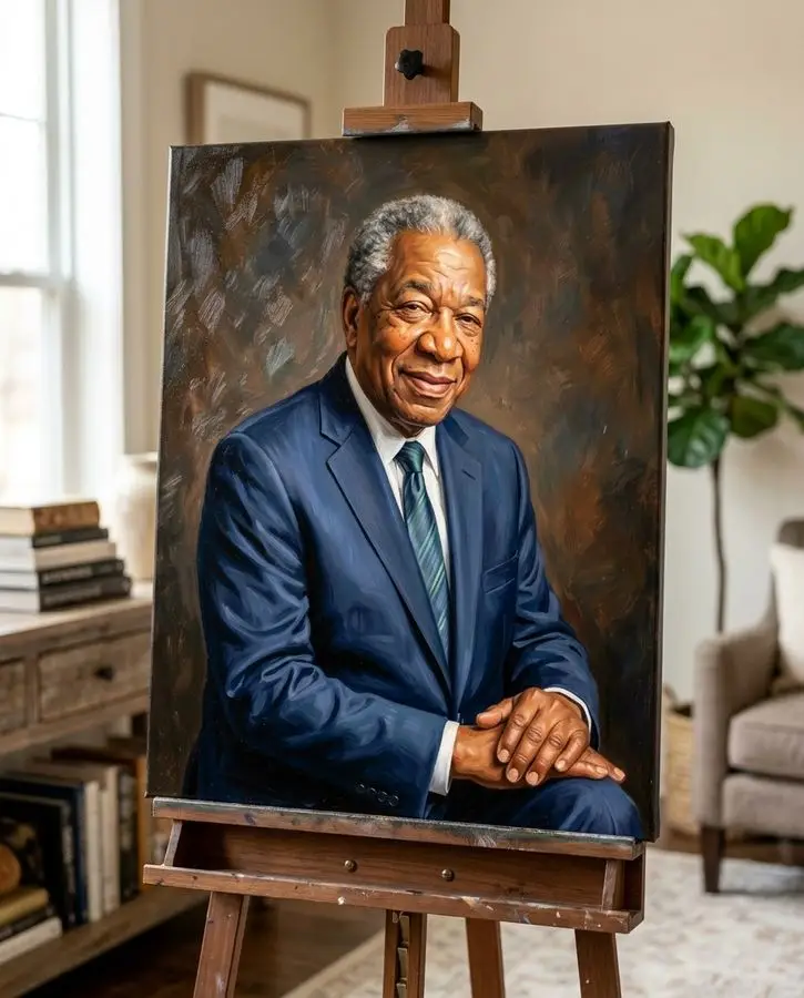 A portrait on a wooden easel features a smiling older Black man wearing a navy blue suit and tie against a textured brown background.