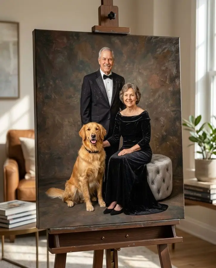 A smiling senior couple dressed in formal black attire poses beside a golden retriever against a dark mottled backdrop.