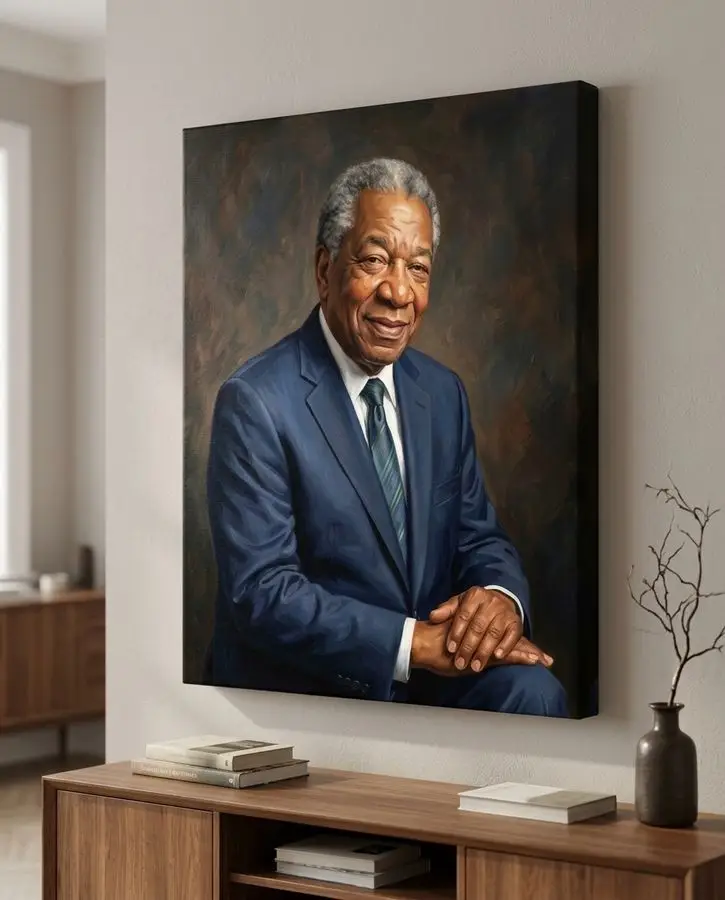 A formal portrait displays a smiling older Black man with gray hair wearing a navy blue suit and tie against a dark textured background.