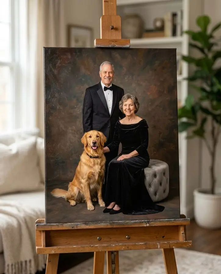 A canvas on an easel displays a senior couple in formal black attire posing with their golden retriever against a dark brown backdrop.
