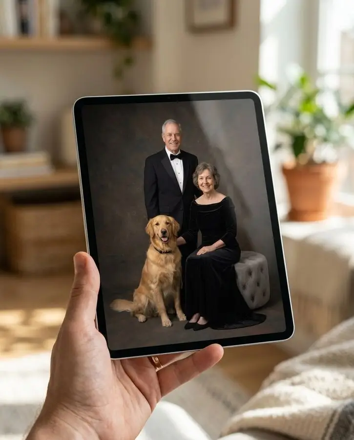 An older couple in formal black attire poses with a golden retriever against a dark gray backdrop.