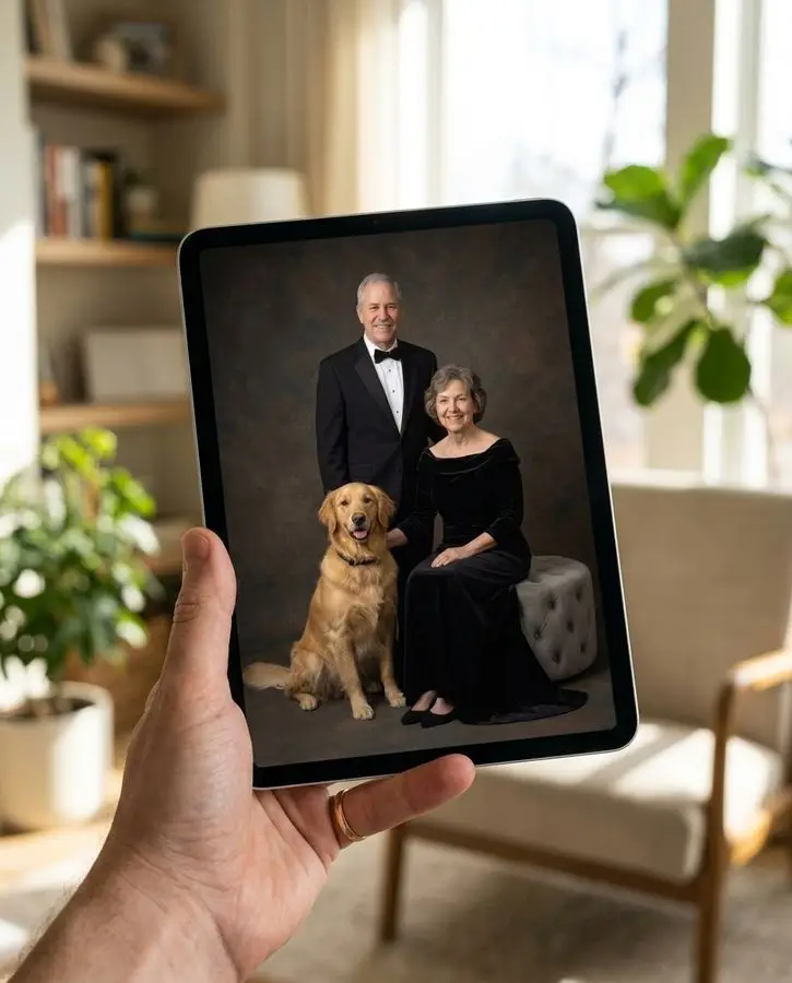 A formal studio shot of a smiling man in a tuxedo and a woman in a black gown posing with a golden retriever.