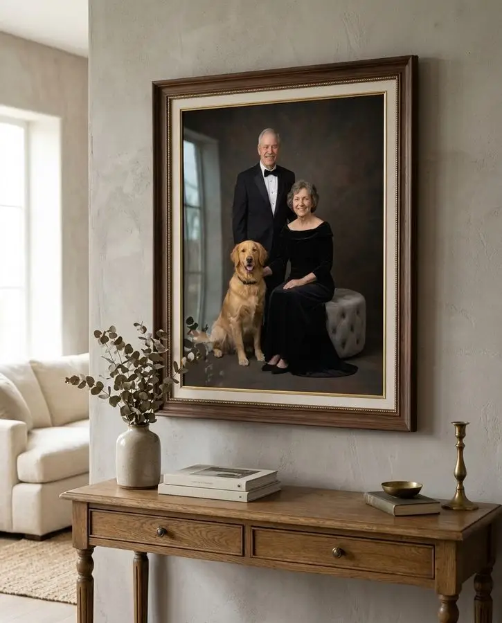 An older couple dressed in formal black attire poses beside a seated golden retriever against a dark studio backdrop.