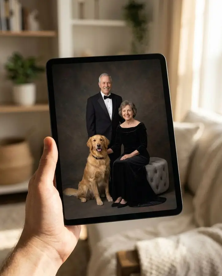 A smiling senior couple dressed in formal black attire poses beside their seated golden retriever against a dark studio backdrop.