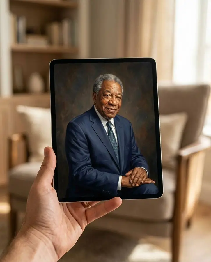A hand holds a tablet displaying an older Black man seated in a navy blue suit and tie against a dark studio backdrop.