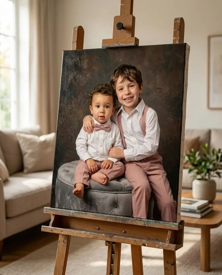 A canvas displayed on a wooden easel features two smiling young brothers dressed in white shirts and dusty rose trousers.