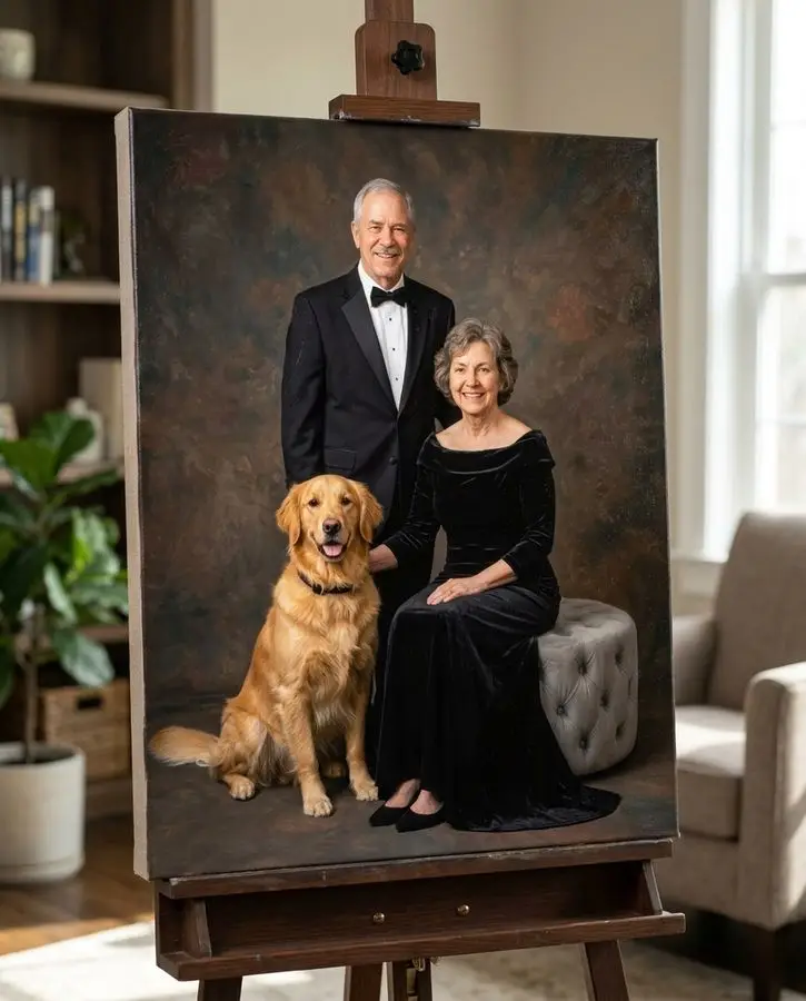 A smiling couple dressed in formal black attire poses alongside a golden retriever against a mottled dark brown background.
