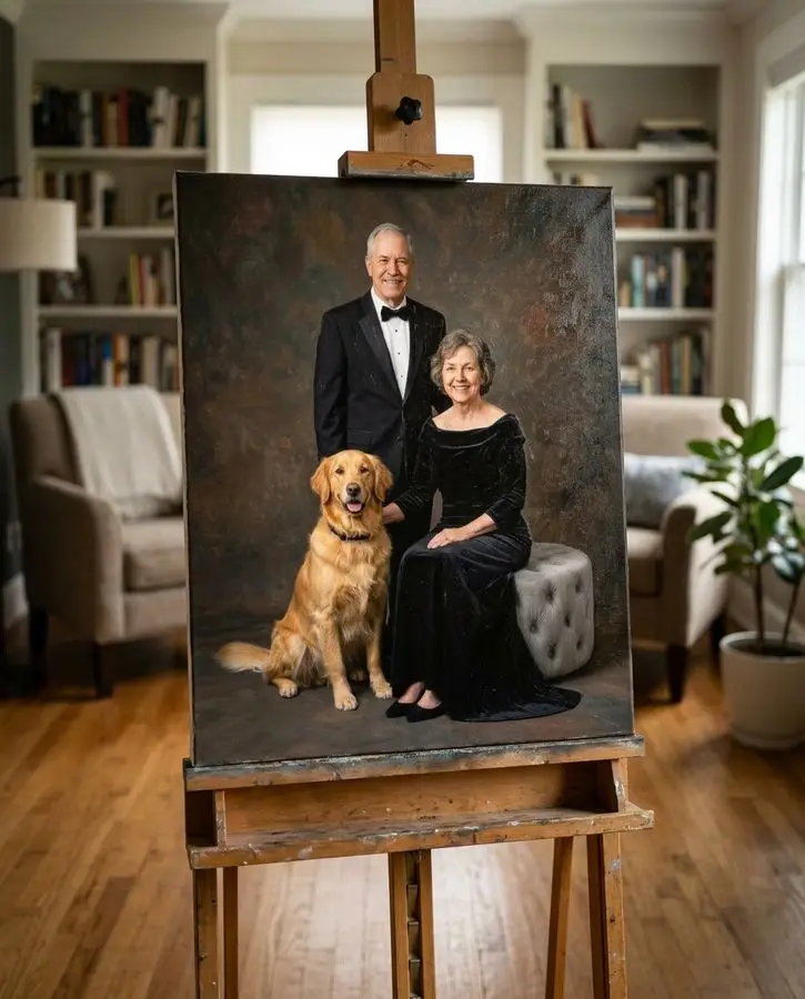 A smiling senior couple dressed in formal black evening wear poses alongside their golden retriever in front of a dark, textured studio backdrop.