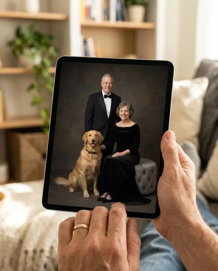 An older couple dressed in formal black attire poses alongside a golden retriever against a dark mottled backdrop.