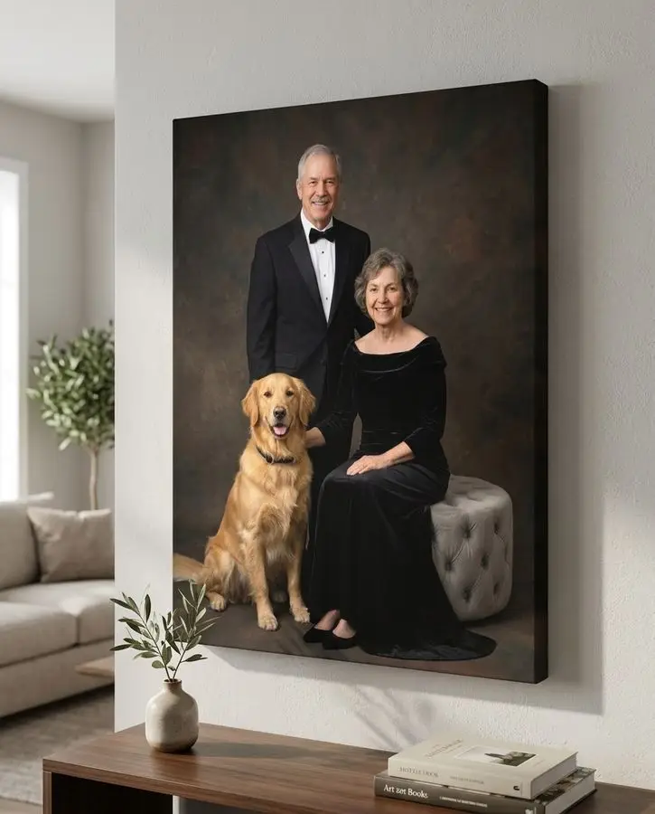 A smiling senior man in a tuxedo and a woman in a black evening gown pose with their golden retriever against a dark background.