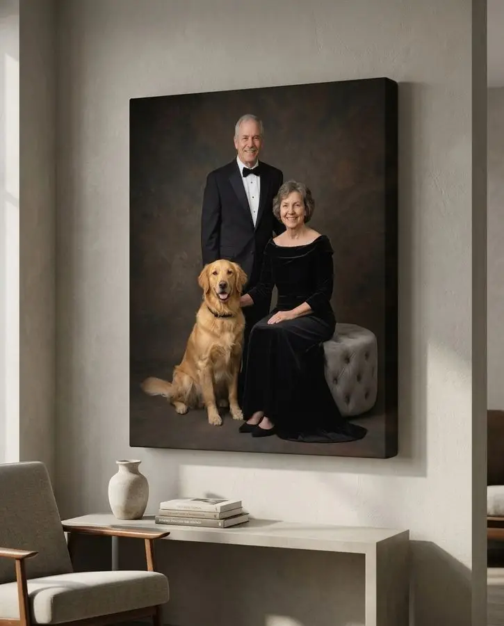 A formal couple in elegant black attire poses with their golden retriever against a dark mottled studio backdrop.