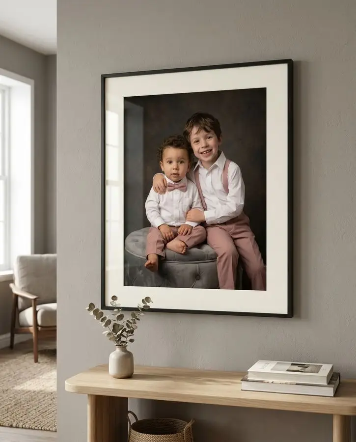An older boy sits with his arm around a toddler, both dressed in white collared shirts and dusty pink trousers against a dark backdrop.