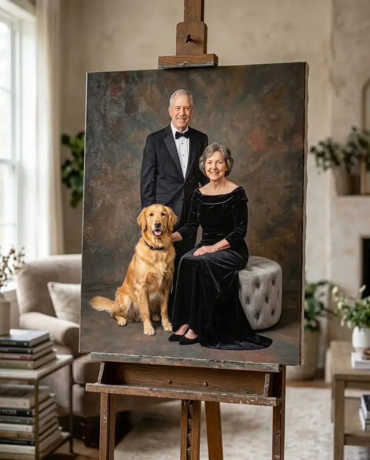 A senior man in a tuxedo and a woman in a black velvet dress pose with a golden retriever against a textured dark background.
