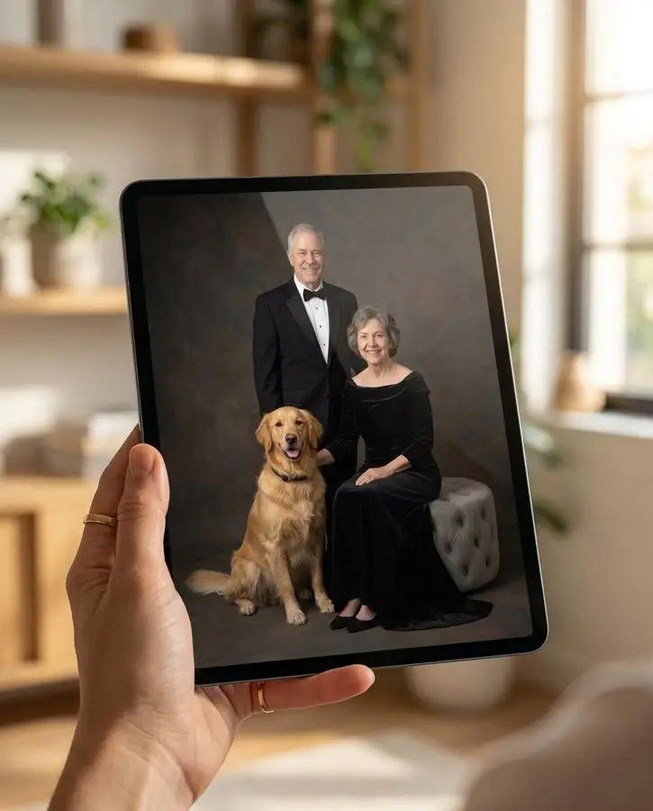 A senior couple dressed in formal black attire smiles alongside a sitting golden retriever in a studio setting.