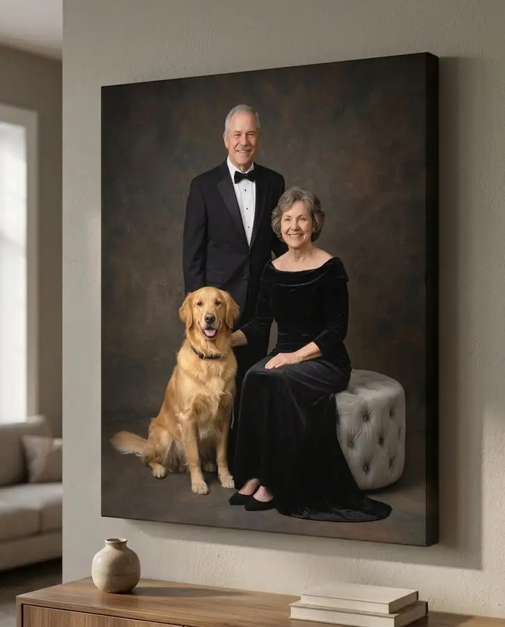 A smiling senior couple in formal black attire poses alongside their golden retriever against a dark textured backdrop.