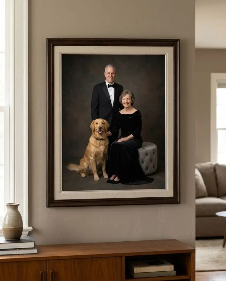 A formal portrait of an older couple dressed in black standing and sitting alongside their golden retriever against a dark backdrop.