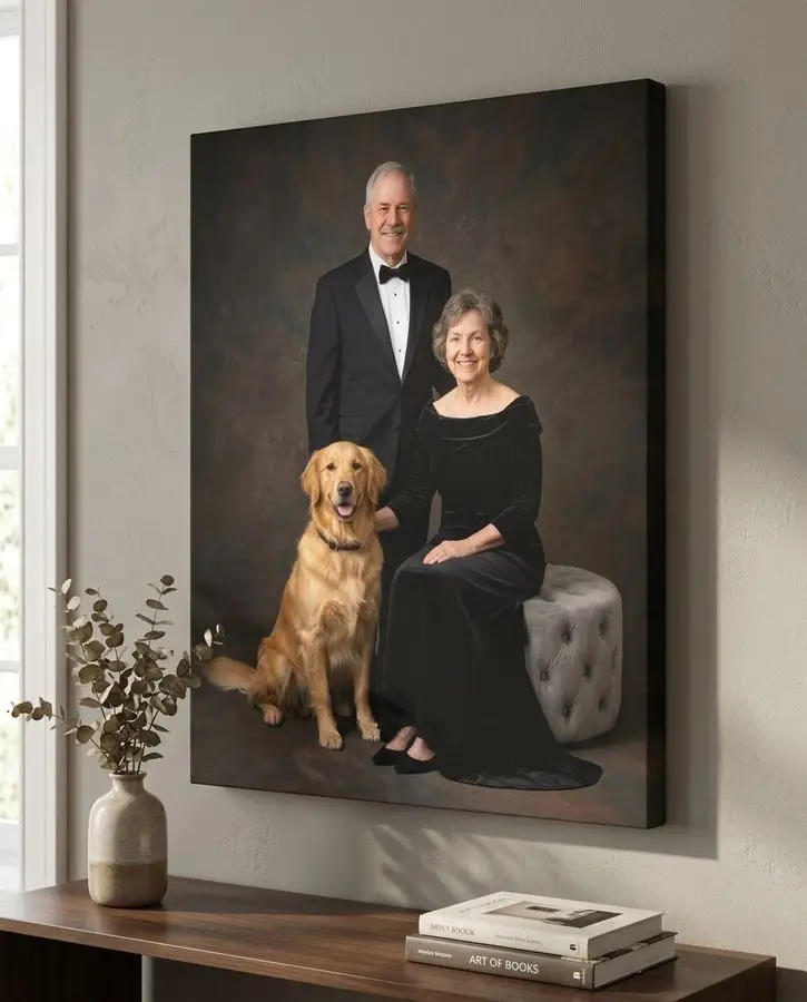 An older couple dressed in black formal attire poses with a golden retriever against a dark backdrop.