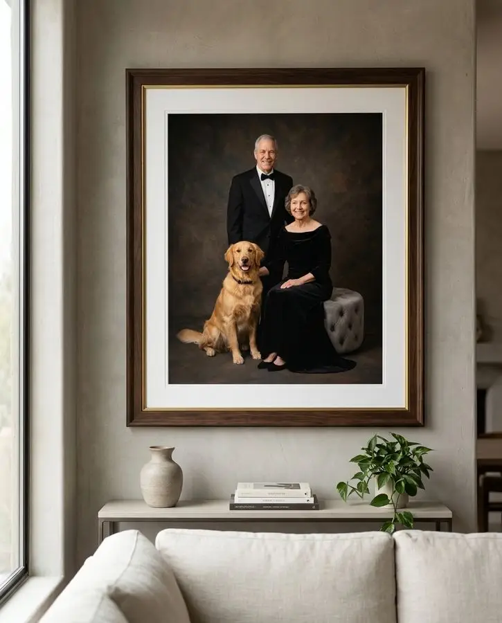 An older couple in formal black attire poses alongside a seated golden retriever against a dark textured background.