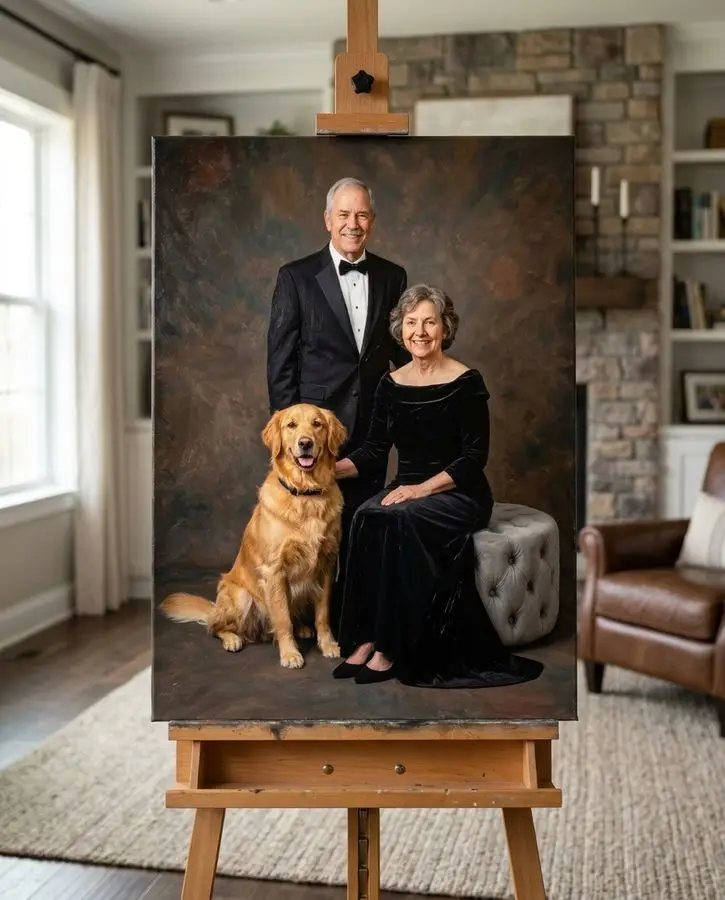 A formal portrait on an easel shows a standing man in a tuxedo, a seated woman in a black velvet gown, and their golden retriever against a dark background.
